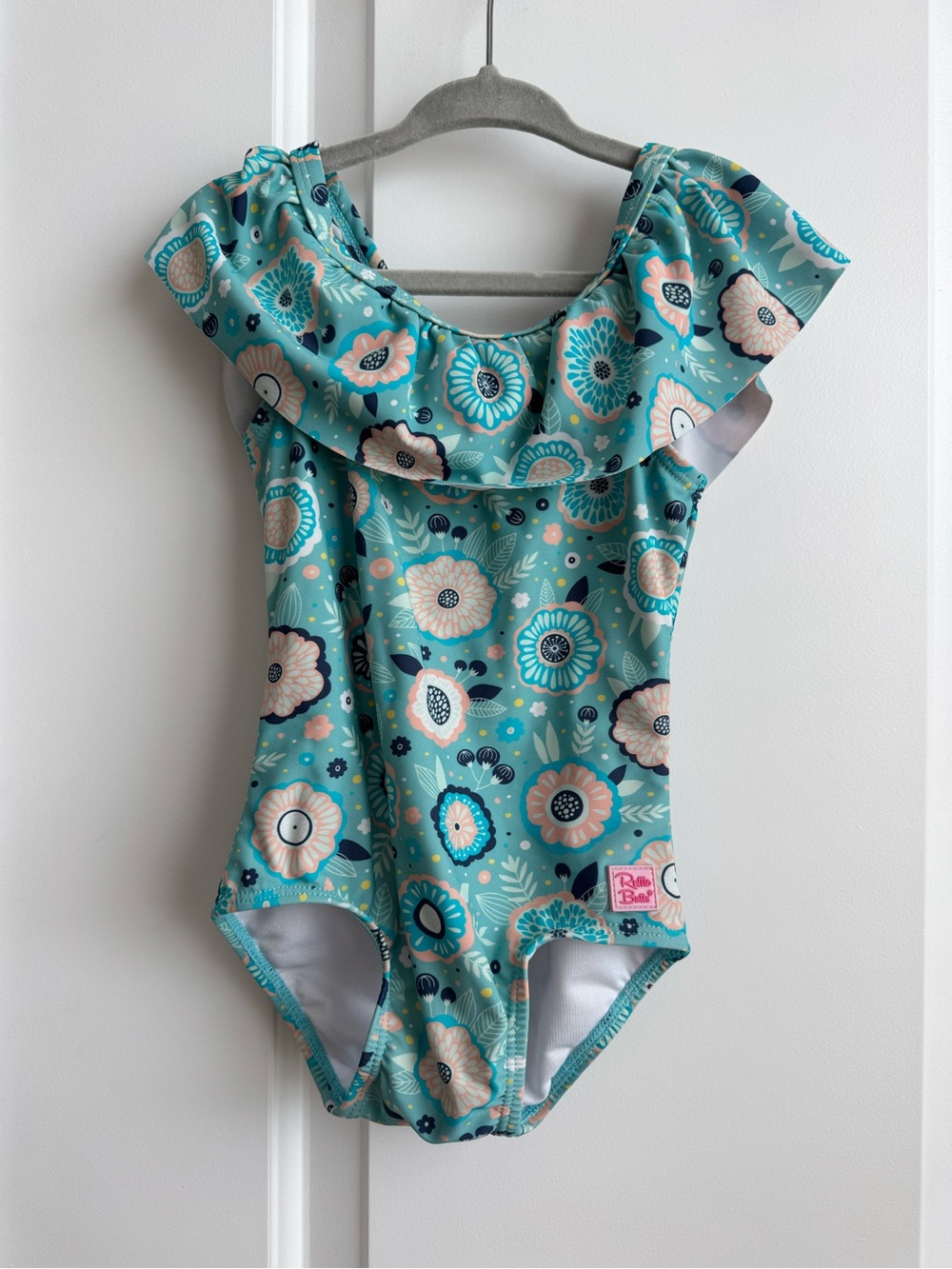 RuffleButts 2T Teal Retro Floral Flutter One-Piece Swimsuit UPF 50+